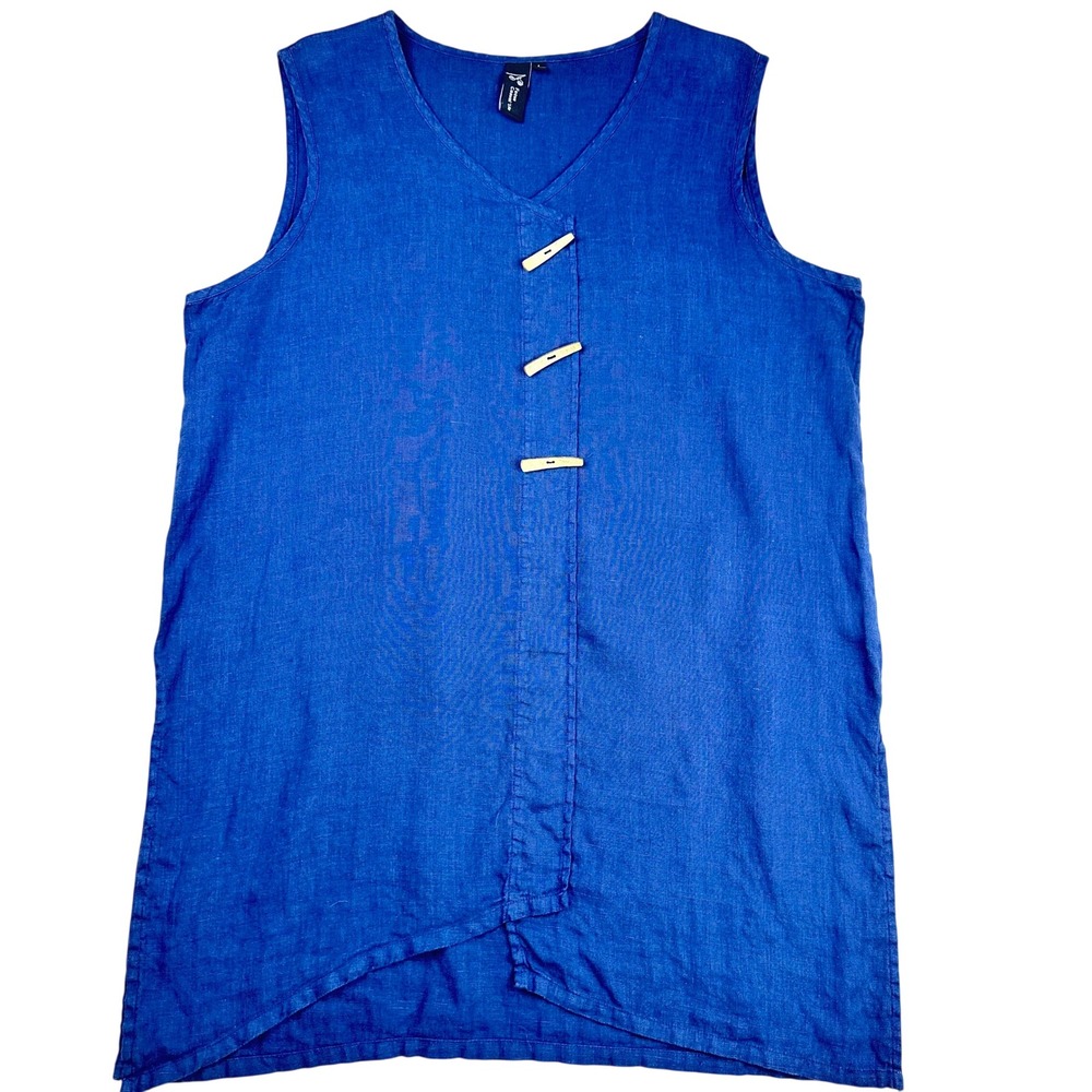 Focus Casual Life Womens Blue 100% Linen Toggle Button Tunic Top Large L-604